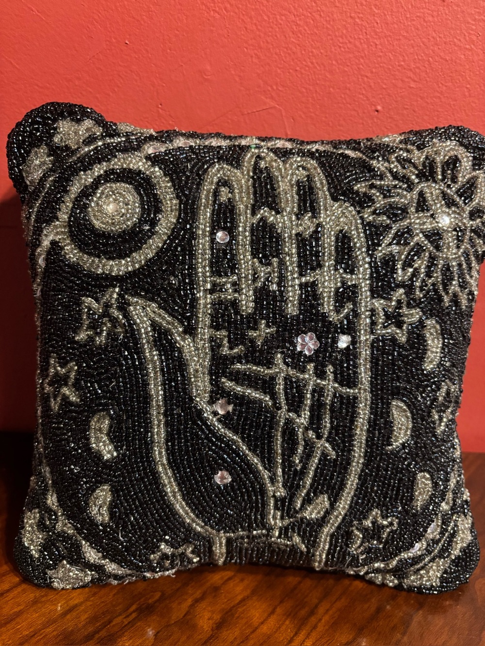 Beaded Black and Silver Palm Motif Decorative Throw Pillow